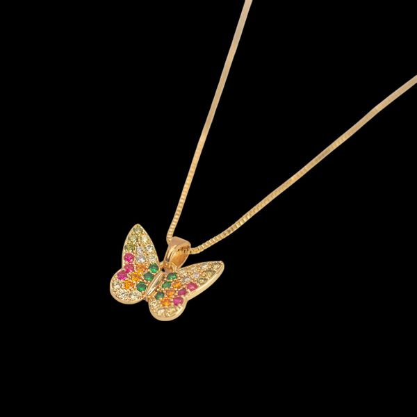 Conjunto de Gargantilha e Par de Brinco Borboleta Microzirconia Colorida