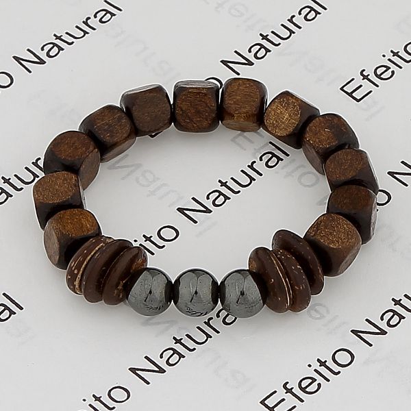 Pulseira Masculina Efeito Natural Pedra Madeira & Hematita