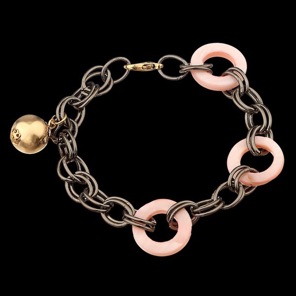 Pulseira com Corrente Grafite, fechos dourados e Madrepérola Rosa