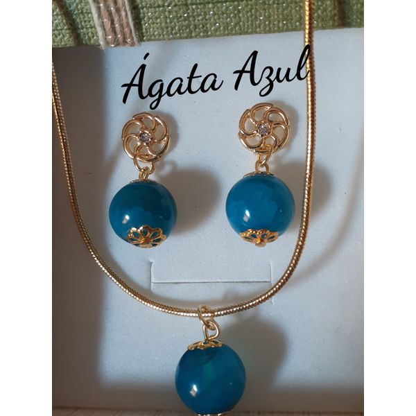 Conjunto folheado Pedra Àgata Azul