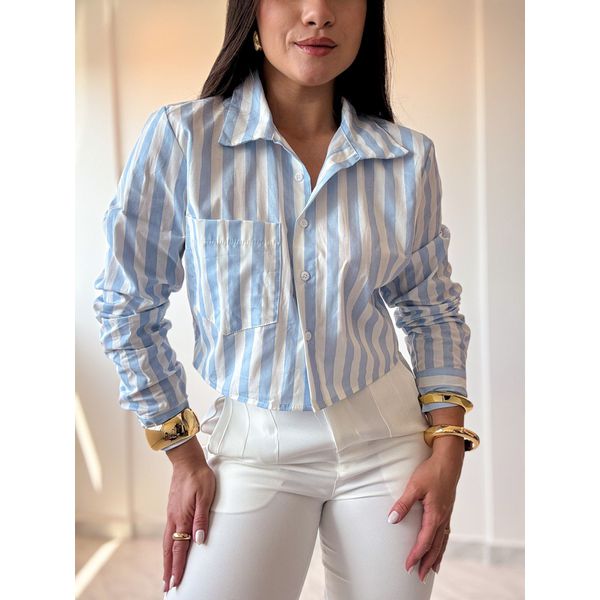 Camisa Cropped Ester Azul Listras
