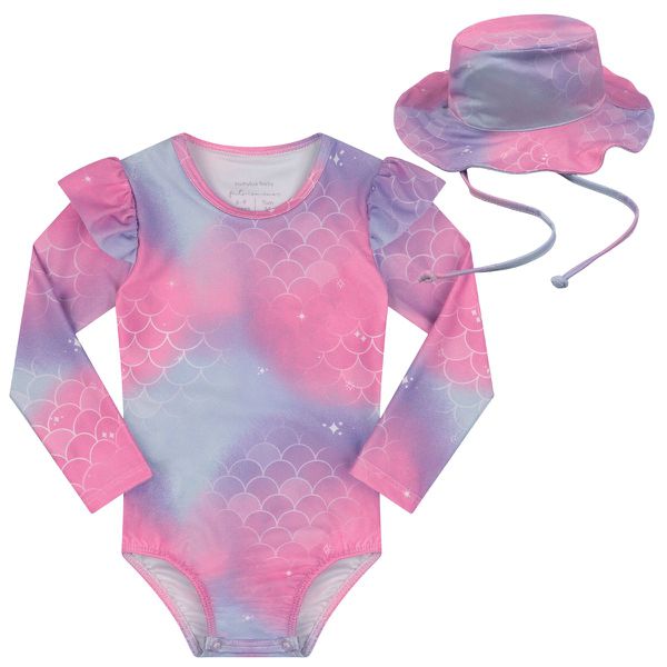 Macacão Proteção Uv De Praia Para Bebe + Chapéu De Piscina Menina