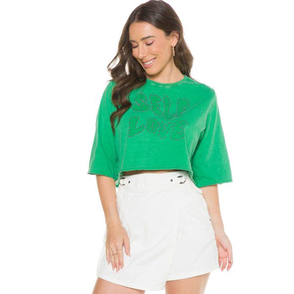 Cropped Feminino Manga Curta T-Shirt Algodão Verde