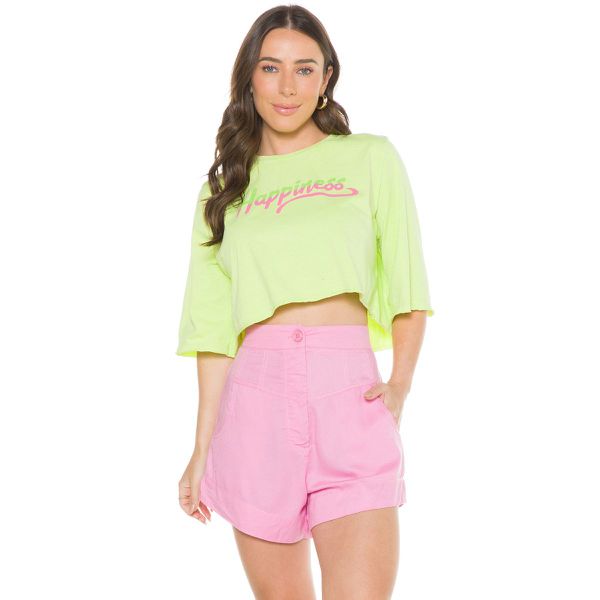 Cropped Feminino Manga Curta T-Shirt Algodão Lima