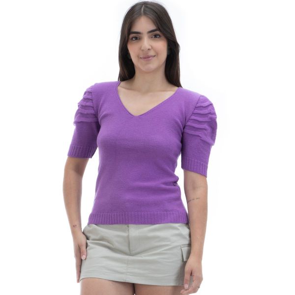 Blusa Tricot Modal Manga Princesa Moda Evangélica Roxo