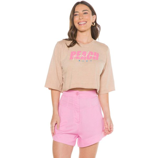 Cropped Feminino Manga Curta T-Shirt Algodão Nude ... - Aymêe