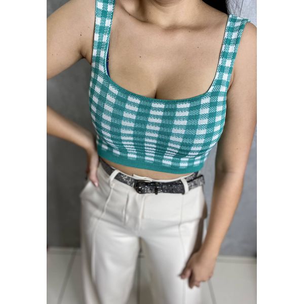 Cropped Feminino Tricot Modal Xadrez Verde - XADRE... - Aymêe