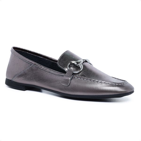 Mocassim Feminino Boston Comfort em Couro Metalizado Carbono