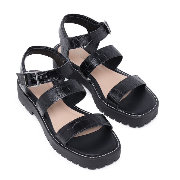 Sandália Flat Plataforma Tratorada Pamplona Croco Preto
