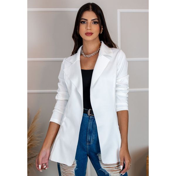 Blazer Feminino Longo A cinturado Sem Forro Modelo Estiloso Branco