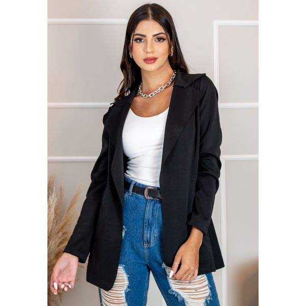 Blazer Feminino Longo A cinturado Sem Forro Modelo Estiloso Preto