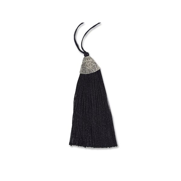 Pingente Tassel 9cm Preto C/ Detalhe Metal Níquel Artesanato