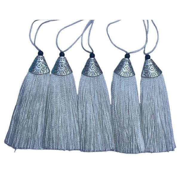 Kit 5 Pingente Tassel 9cm Branco C/ Detalhe Metal Níquel Artesanato