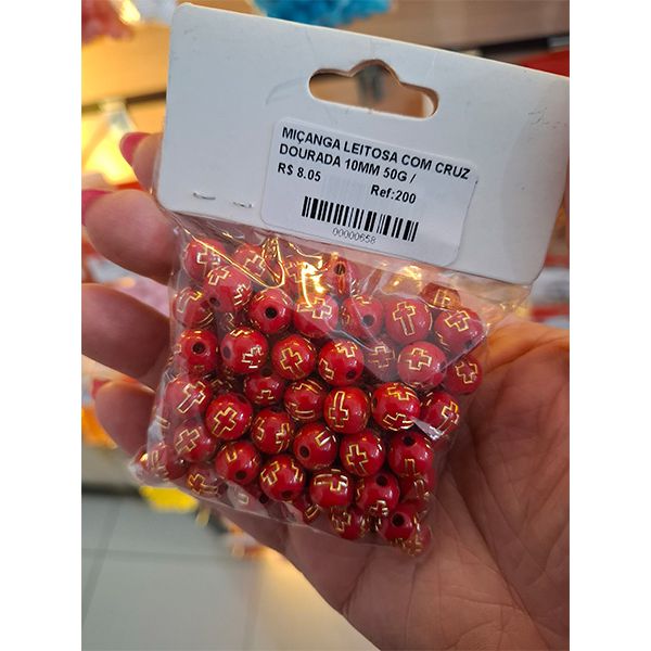 MIÇANGA LEITOSA COM CRUZ DOURADA 10MM 50G 200 .