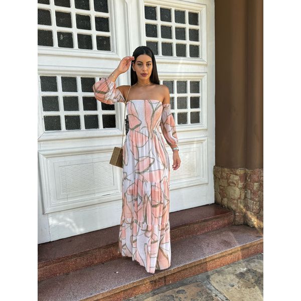 Vestido Petunia Salmão Com Verde Musgo
