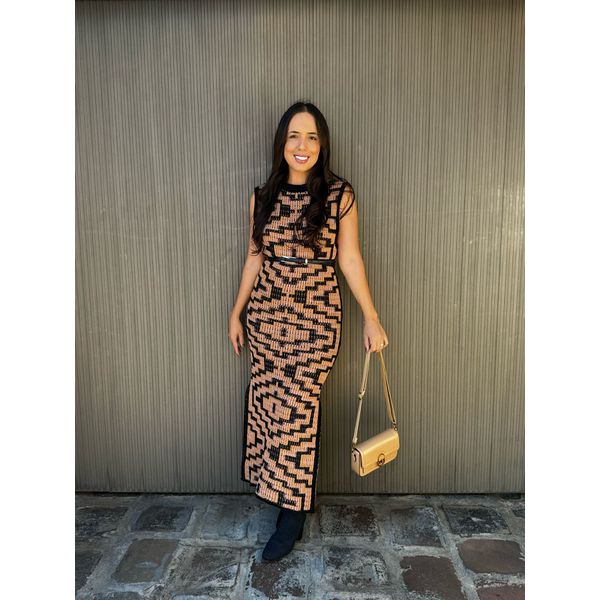 Vestido Tricô Romana Bege E Preto