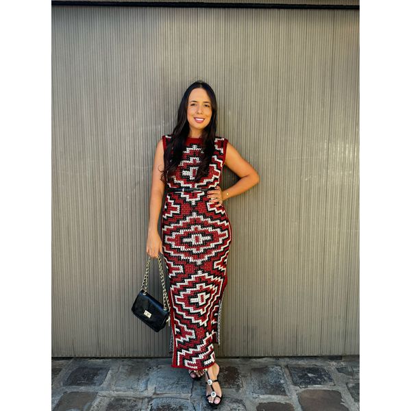 Vestido Tricô Romana Vermelho E Preto