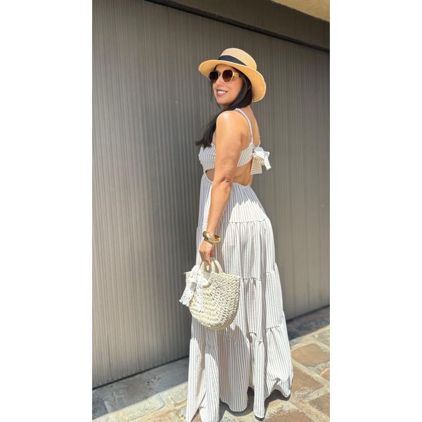 Vestido Grécia Listrado Bege