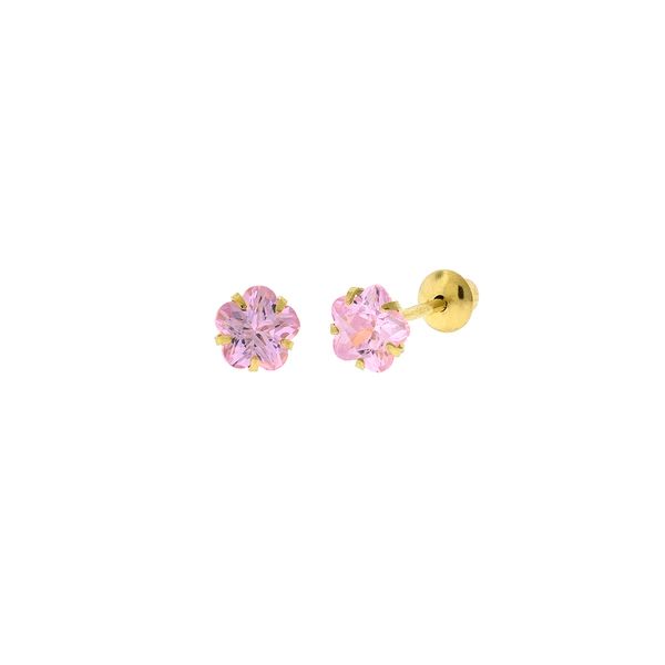 Brinco de Ouro 18K Zircônia Rosa Flor 4mm