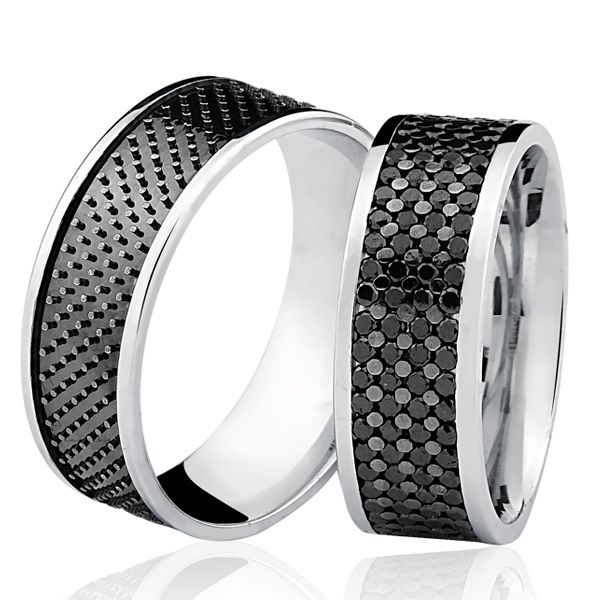 PAR de Aliança Bruner com Diamantes Negros Ouro Branco 18K