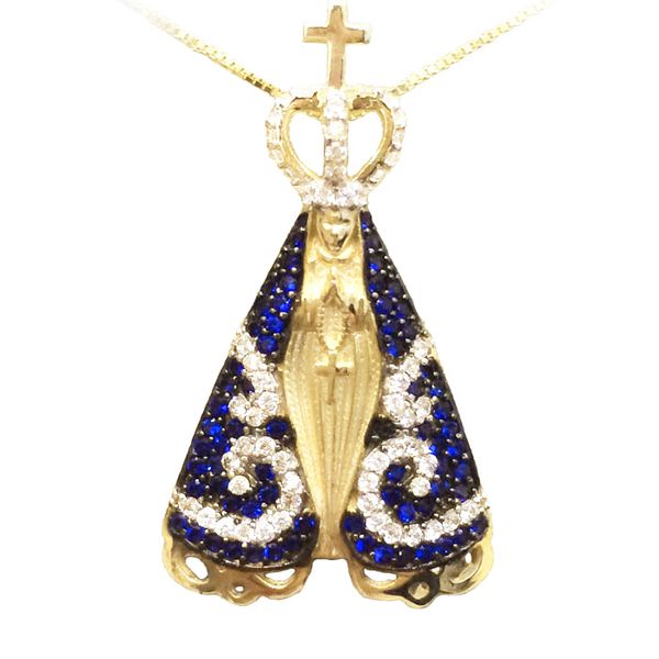 Pingente Nossa Senhora Aparecida com Zirconias Azuis e Brancas em Ouro 18K