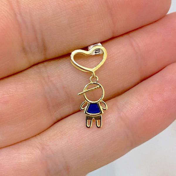 Pingente Filho Menino Esmaltado Azul em Ouro 18K