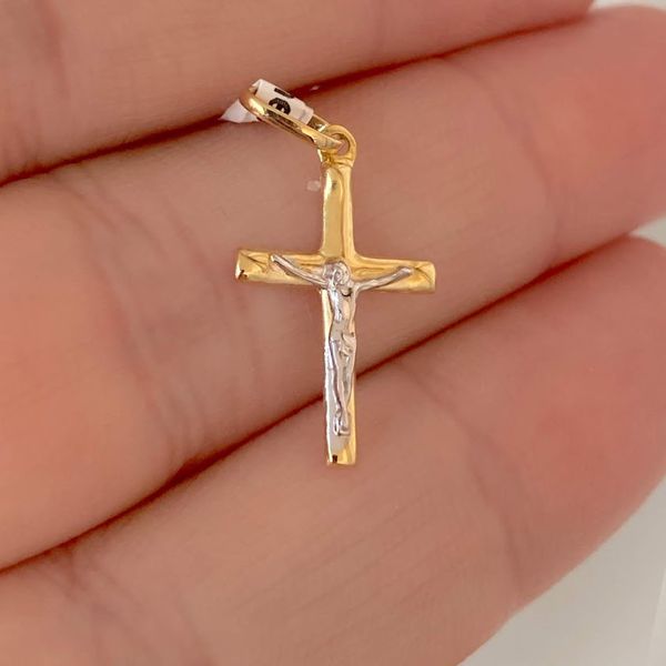 Pingente Crucifixo de Ouro 18K Pequeno Bicolor