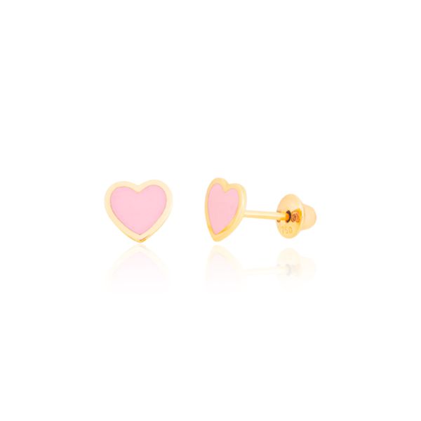 Brinco Infantil de Ouro 18K Coração Esmaltado Rosa - MI29493... - MICHELETTI JOIAS