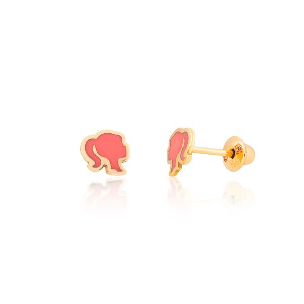 Brinco Infantil de Ouro 18K Barbie Esmaltado Rosa - MI24946 - MICHELETTI JOIAS