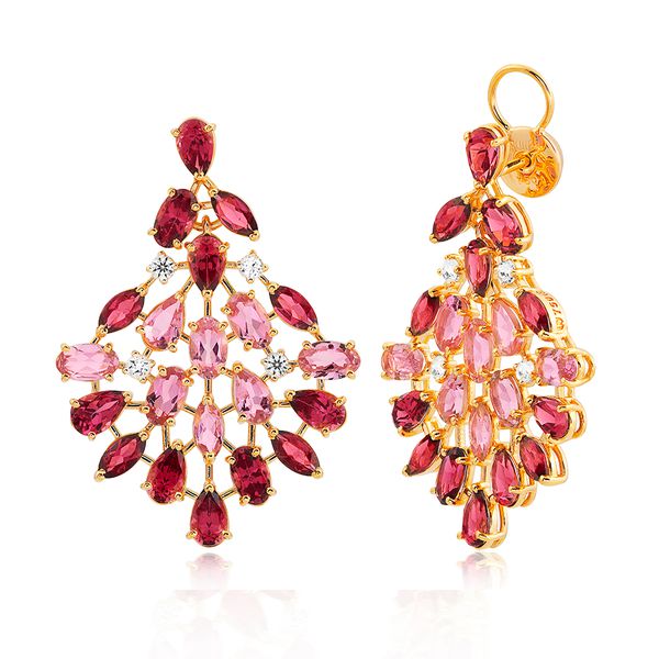 Brinco Ouro 18K Leque com Turmalinas Rosa, Rodolitas e Topáz... - MICHELETTI JOIAS