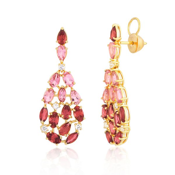 Brinco Ouro 18K Longo com Turmalinas Rosa, Rodolitas e Topáz... - MICHELETTI JOIAS