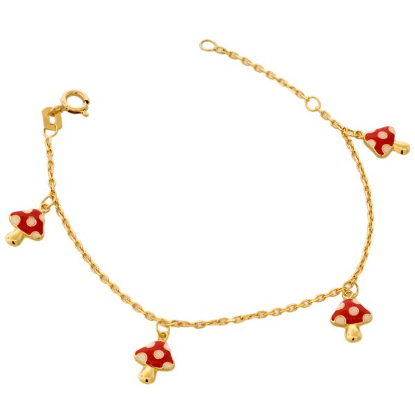 Pulseira Infantil de Ouro 18K Cogumelos Esmaltados Pendentes... - MICHELETTI JOIAS