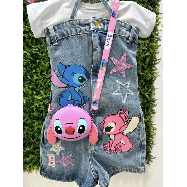 Macacão jeans Personalizados Stitch inicial com o nome 