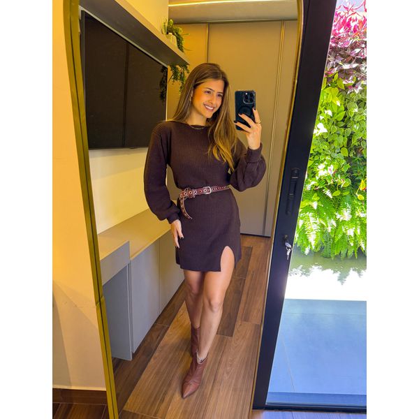 VESTIDO TRICÔ MANGA LONGA MARROM