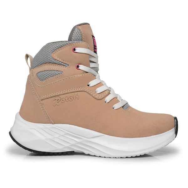 Bota Tênis Fitness Masculino Cano Alto De Couro Marfim/Rosa