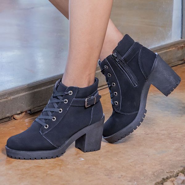 Coturno Molly Feminino Nobuck Valentina com Fechamento Lateral - Preto