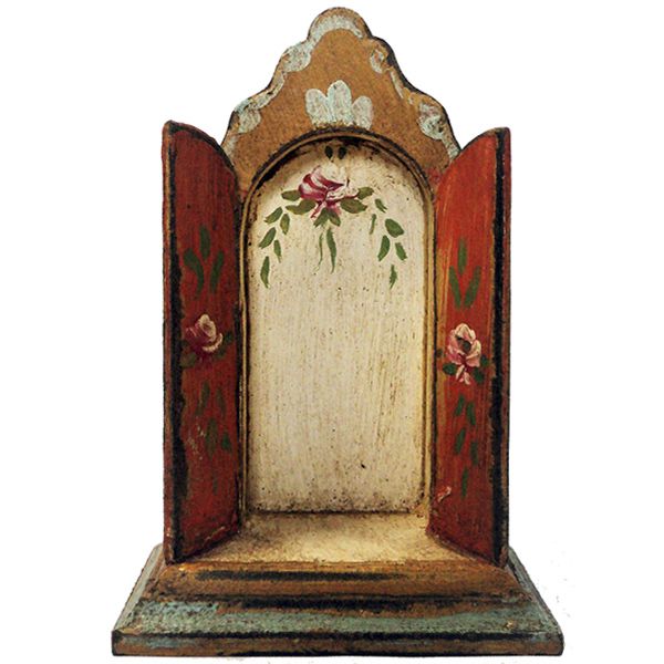 Mini oratório de mesa com porta fixa entreaberta em estilo barroco com 15cm