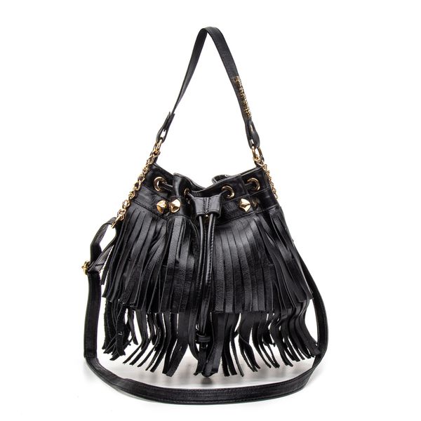 Bolsa Saco em Couro Preto com Franja Isa