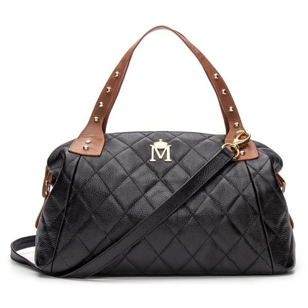 Bolsa em Couro com Bordado Matelassê Preta Izabel