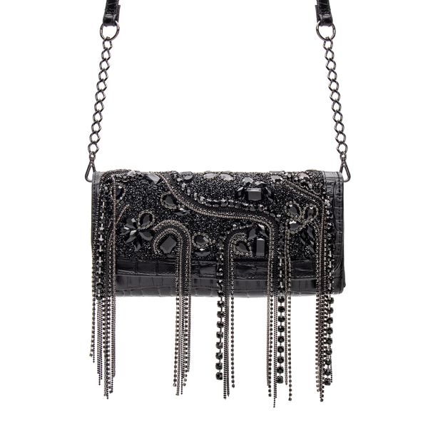 Bolsa em Couro Preto com Bordado Artesanal Clutch Paula