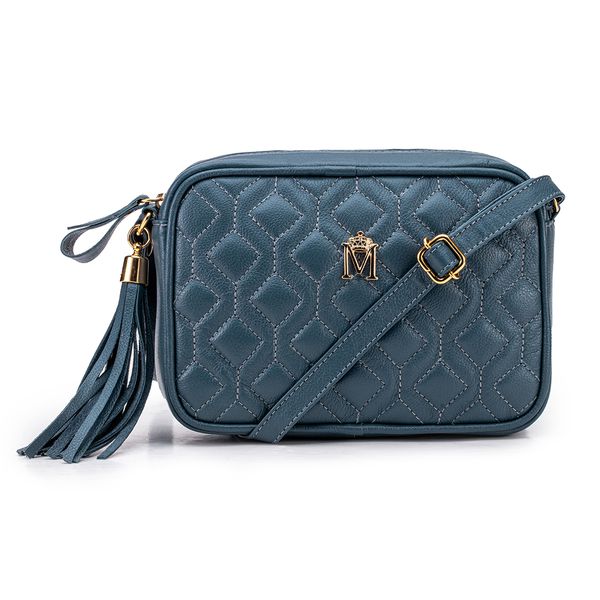 Bolsa em Couro Azul Denin com Matelasse e Bambolim Amanda 