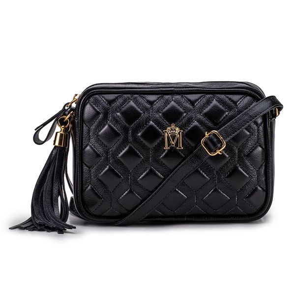 Bolsa em Couro Preta com Matelasse e Bambolim Amanda