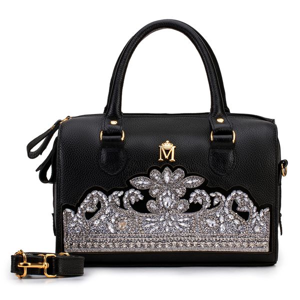 Bolsa Baú em Couro Preto com Bordado Prata Rita