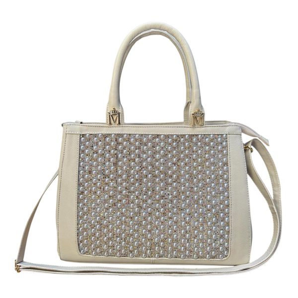 Bolsa em Couro Off White com Bordado de Pérola Bruna