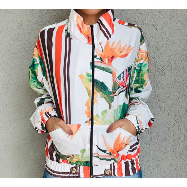 CORTA VENTO - FLORAL - FOLHAS - TONS DE VERDE E LARANJA 
