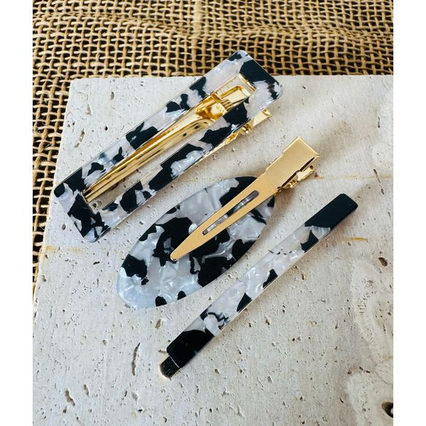 PRESILHAS - KIT 3 UN. - (2 PRESILHAS + 1 MODELO CLIP) - COR PRETO E BRANCO 