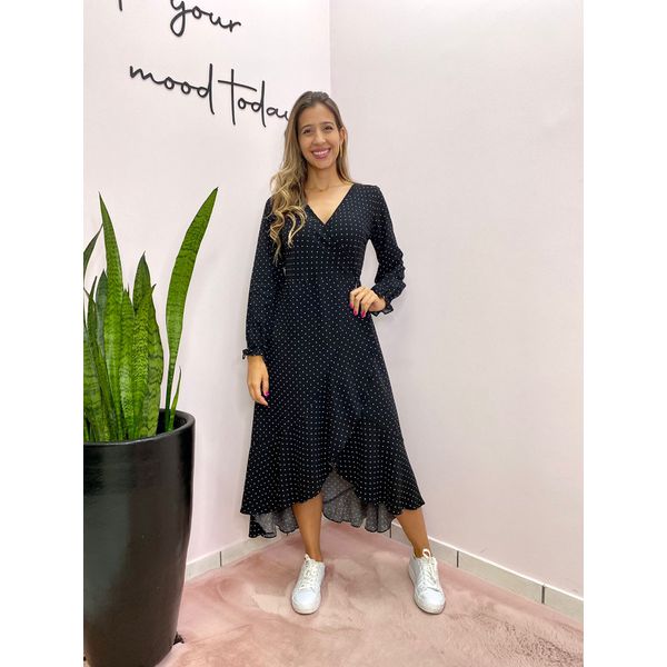 VESTIDO MIDI ENVELOPE MANGA LONGA POA PRETO