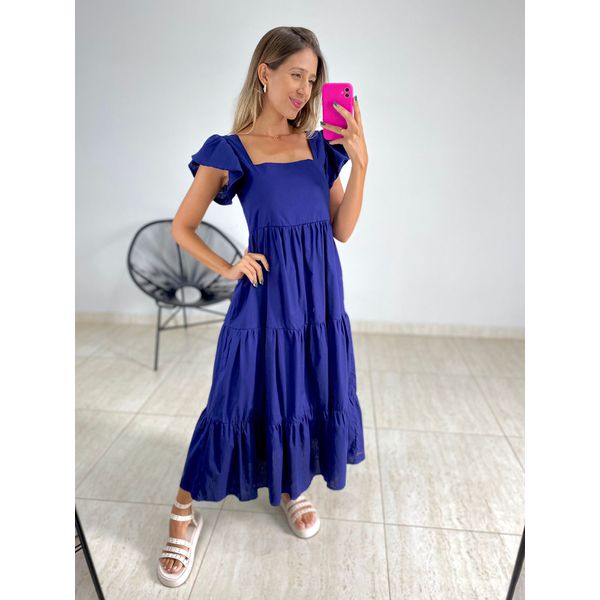 VESTIDO TRICOLINE BABADOS AZUL MARINHO