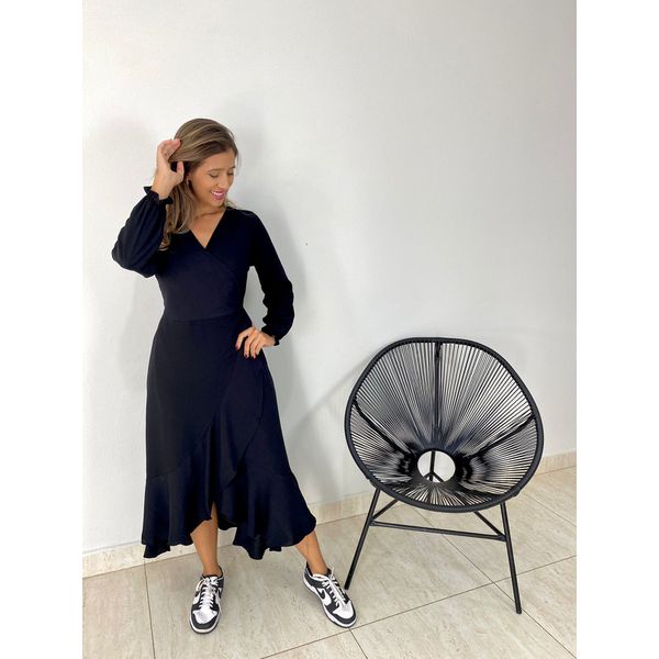VESTIDO MIDI ENVELOPE MANGA LONGA PRETO LISO