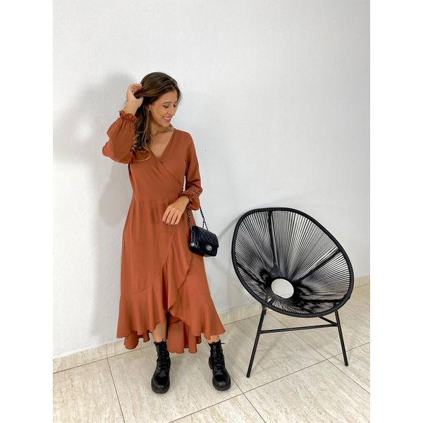 VESTIDO MIDI ENVELOPE MANGA LONGA CARAMELO